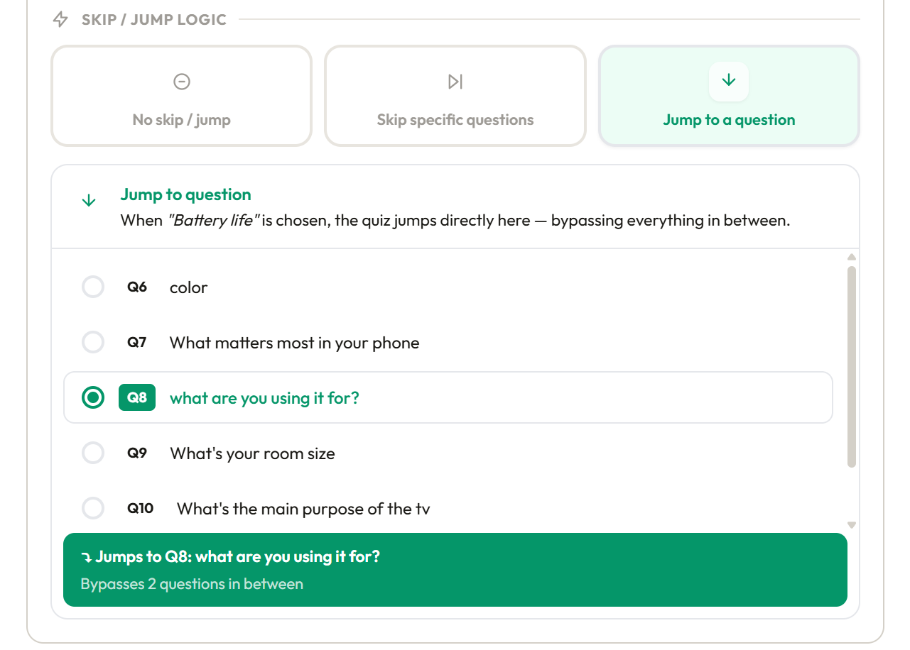 Jump logic configuration on an answer