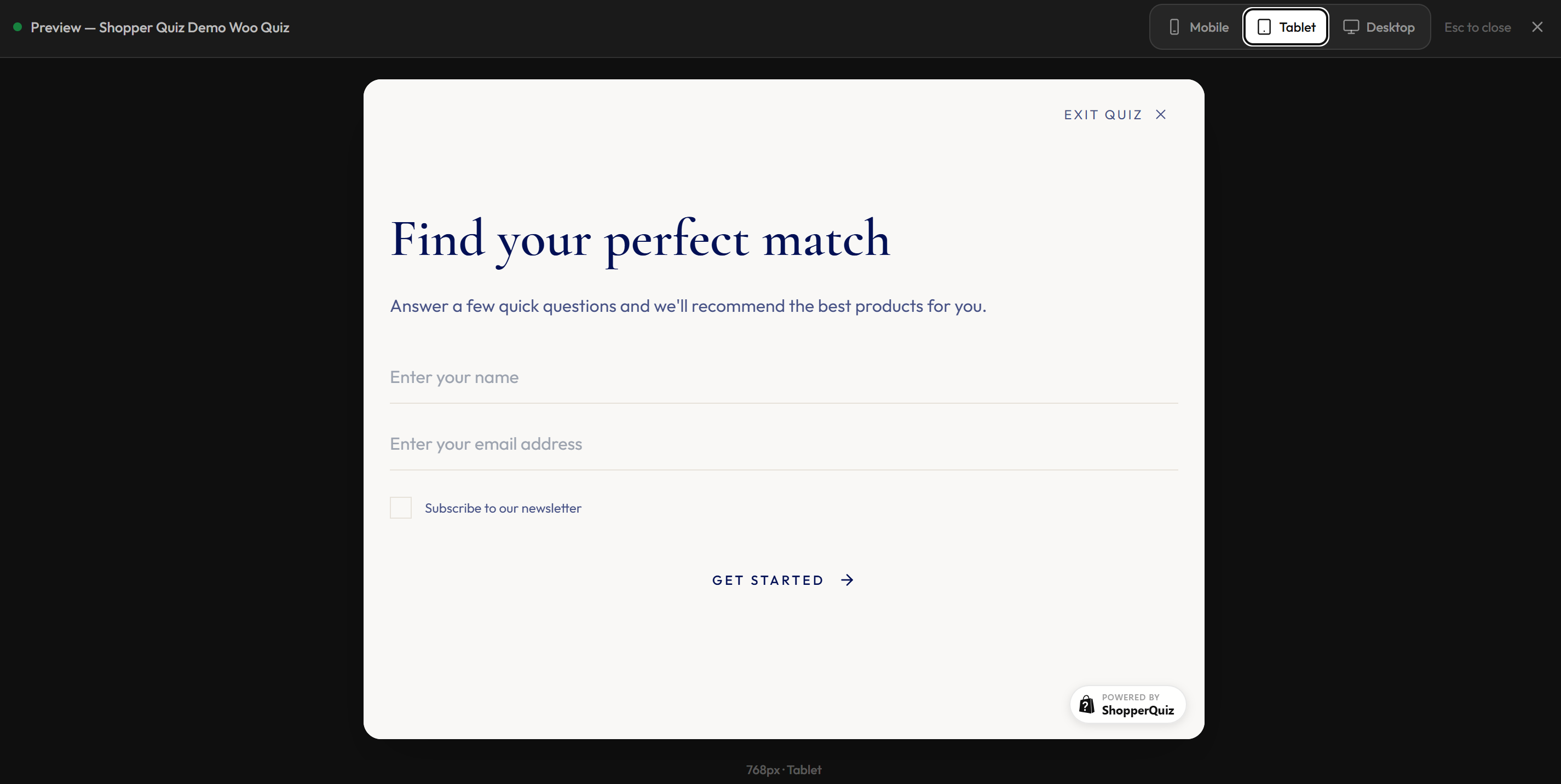 Quiz preview full-screen overlay with viewport switcher
