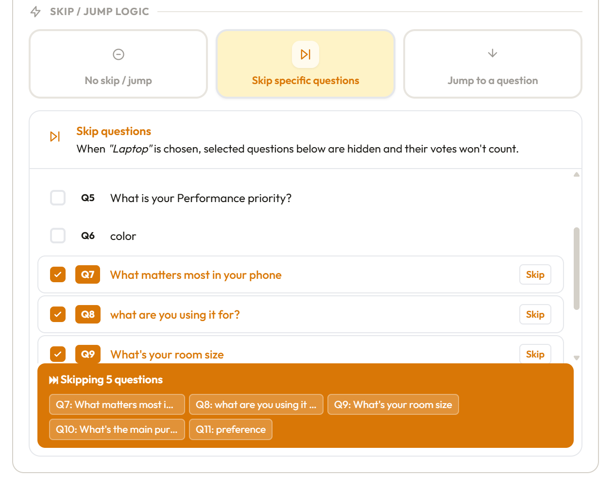 Skip logic configuration on an answer